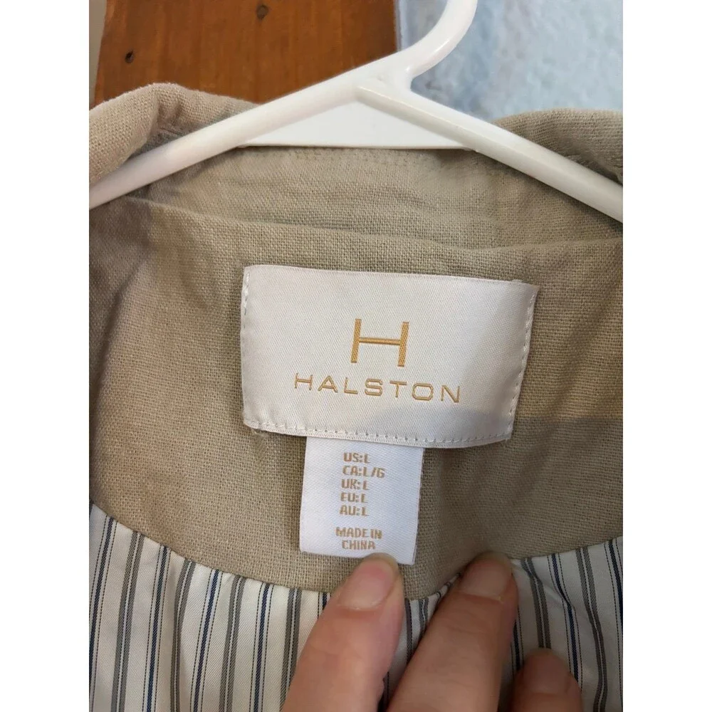 Halston open front linen blend blazer natural tan beige L professional jacket